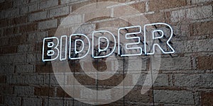 BIDDER - Glowing Neon Sign on stonework wall - 3D rendered royalty free stock illustration