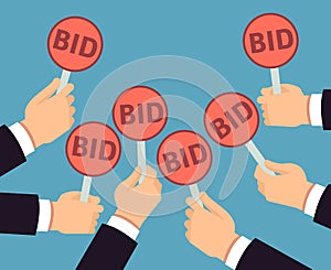 Bidder hands holding auction paddle. Buyer business vector concept photo
