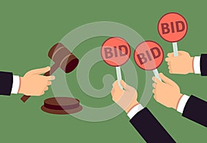 Bidders human arms holding bid paddle and auctioneer hand with gavel. Auction bidding and justice vector concept