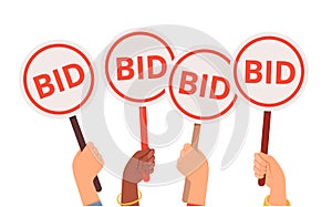 Bidding process. Auction paddles, flat hand holding plates. Finance or business, special offer vector concept