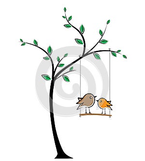 Birds on swing on tree, vector. Cute birds silhouettes in love. Tree illustration in spring. Wall artwork, cartoon art design