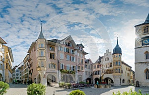 View of the Ring Square and the Vennerbrunnen Fountain in the historic old town of Biel