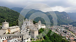 BIELLA, ITALY - JULY 7, 2018: aero View of beautiful Shrine, ancient temple complex, big castle, sanctuary located in