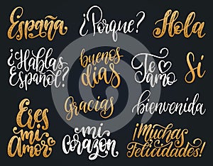 Bienvenida, Hola, Feliz Cumpleanos, Gracias, Espana translated from Spanish handwritten phrases Welcome, Hello etc. photo