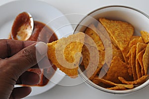 Bienvenido mexico cocica mexico tortilla chips chilii and salsa dip photo