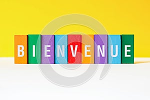 Bienvenue - Welcome on french, word concept on building blocks, text