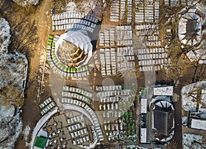 Biergarten near Chinese tower in English garden in Munich, Bayern, Germany. Pano made by the Mavic drone, flight through photo