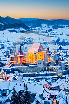 Biertan, Romania. Rural winter landscape in Transylvania