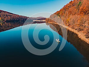 Bieszczady Stills boat going down the river autumn forest scenery outdoors copy space