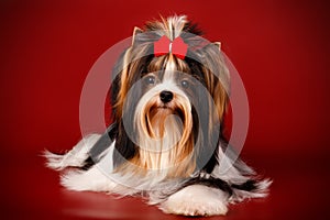 Biewer Yorkshire Terrier on colored backgrounds