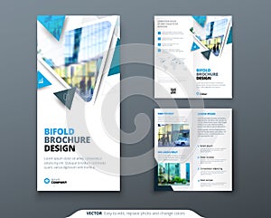 Bifold brochure design. Blue template for bi fold flyer. Layout with modern triangle photo and abstract background