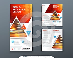 Bifold brochure design. Red, orange template for bi fold flyer. Layout with modern triangle photo and abstract