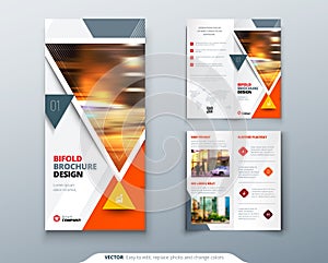 Bifold brochure design. Red, orange template for bi fold flyer. Layout with modern triangle photo and abstract