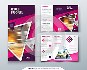Bifold brochure design. Red, orange template for bii fold flyer. Layout with modern triangle photo and abstract