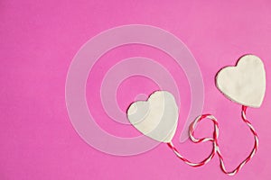 Big 2 hearts on pink background with space for text, Love icon, valentine`s day