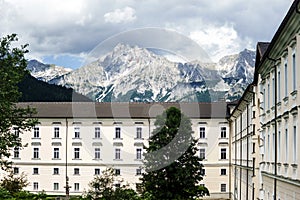 Big abbey buiilding in austrian Alps photo