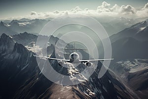 Big advanced airlift jet soaring through towering peaks