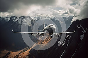 Big advanced airlift jet soaring through towering peaks