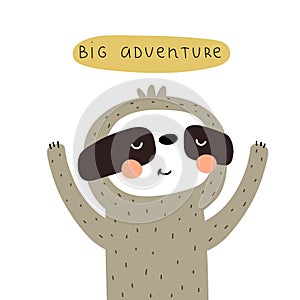 Big Adventure. cartoon sloth, hand drawing lettering, decor elements. flat style, colorful vector for kids.