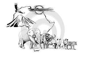 Big african five animal on Africa map bakground with mount and sun. Hand drawn illustration