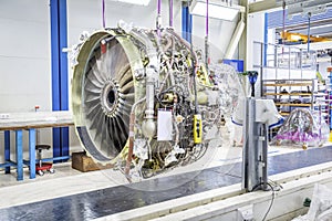 Big airplane engine during maintenance