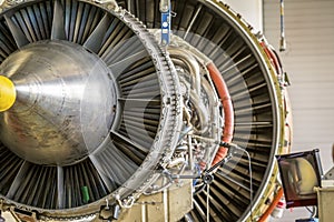 Big airplane engine during maintenance