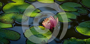 Big amazing bright pink-yellow water lily bud of lotus flower Perry`s Orange Sunset in garden pond. Water lily with water drops.