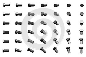 Big amount of grey, metallic clinchers rotated by different angles isolated on white - creative industrial 3D illustration, image