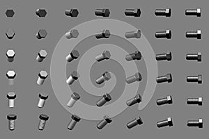 Big amount of metallic screws rotated by different angles isolated on grey - cute industrial 3D illustration, image for art using