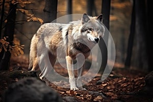 Big, angry and hungry wolf in the forest. Generative AI