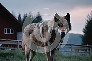 Big, angry and hungry wolf next to house at dusk. Generative AI