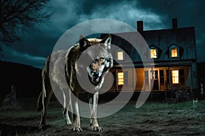 Big, angry and hungry wolf next to house at night. Generative AI