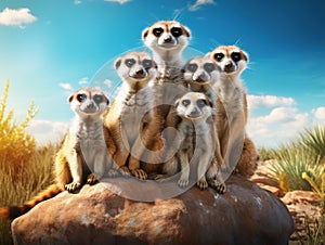 Big Animal family. Funny image from Africa nature. Cute Meerkat Suricata suricatta sitting on the stone