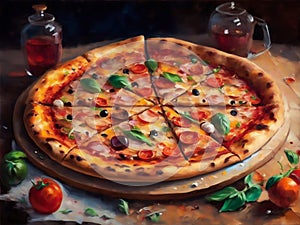 Big apetite traditional pizza. Impressionism style oil painting. photo