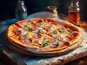 Big apetite traditional pizza. Impressionism style oil painting. photo