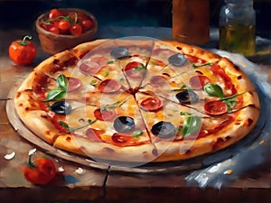 Big apetite traditional pizza. Impressionism style oil painting. photo