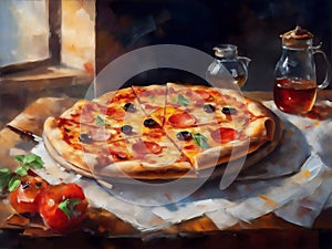 Big apetite traditional pizza. Impressionism style oil painting. photo