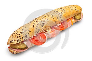 Big appetizing fast food baguette sandwich with lettuce, tomato, smoked ham and cheese isolated on white background.