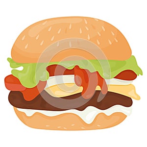 Big appetizing hamburger. Vector illustration. Fast food closeup in flat cartoon style.