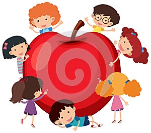 Big apple with many kids cartoon character