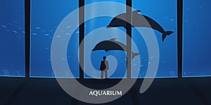 Big Aquarium or Dolphinarium With dolphin. People with children watching the underwater world.