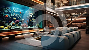 Big aquarium in luxury living room. Modern interior with sea water fishtank.