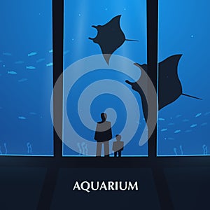 Big Aquarium or Oceanarium With crampfish. People with children watching the underwater world.