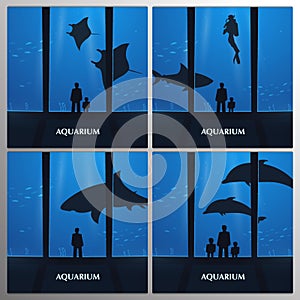 Big Aquarium, Oceanarium or Dolphinarium With dolphin, shark and crampfish. People with children watching the underwater