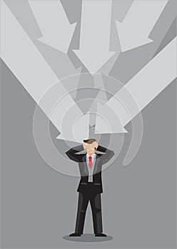Big Arrows Pointing at Stressed Up Businessman Cartoon Vector Illustration