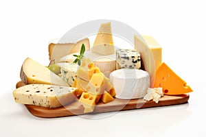 Big assortment of cheeses on white background