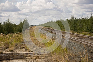 Big autumn field with trees far away and clouds in the blue sky. Rail for train. Travelling across Russia and big distances