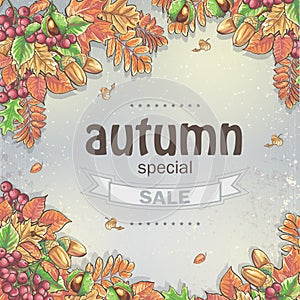 Big autumn sale with the image of autumn leaves, chestnuts, acorns and berries of Viburnum