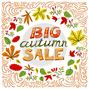 Big autumn sale lettering. Fall season background with leaves