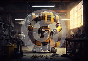 Big awkward yellow robot with massive hands and ugly fingers. Robotic machine helping human in the workshop. Generative AI